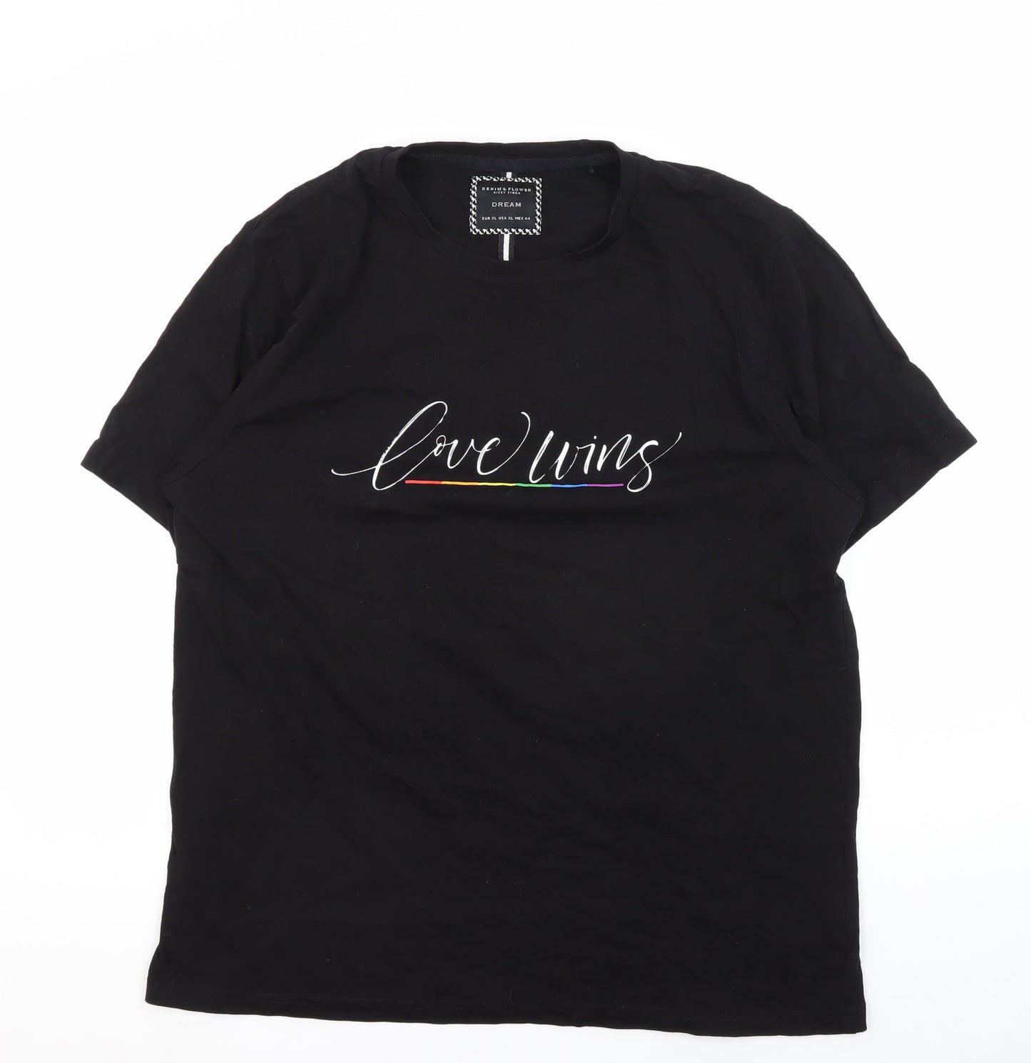 Denim & Flower Black T-Shirt, Unisex, Size 16, Love Wins