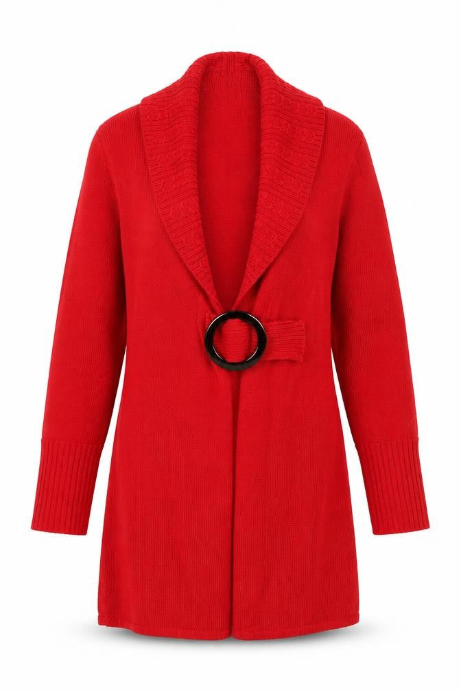 Front view of Kaleidoscope Women's Red Cowl Neck Cardigan, size 10