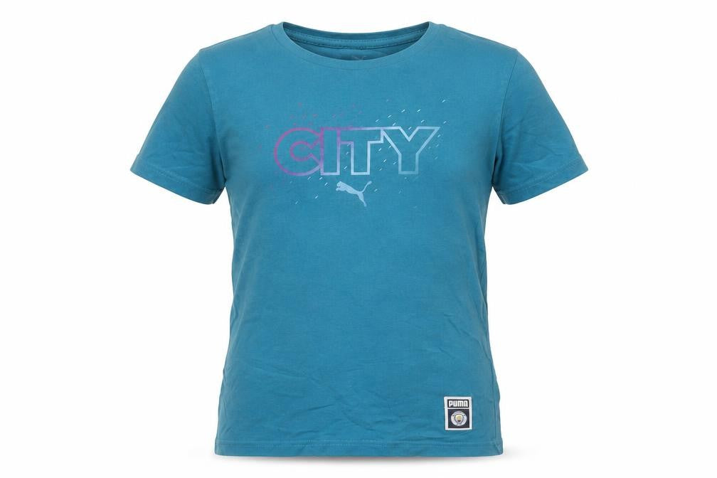 Front view of Puma boys’ blue graphic t-shirt, size 10y, sports style
