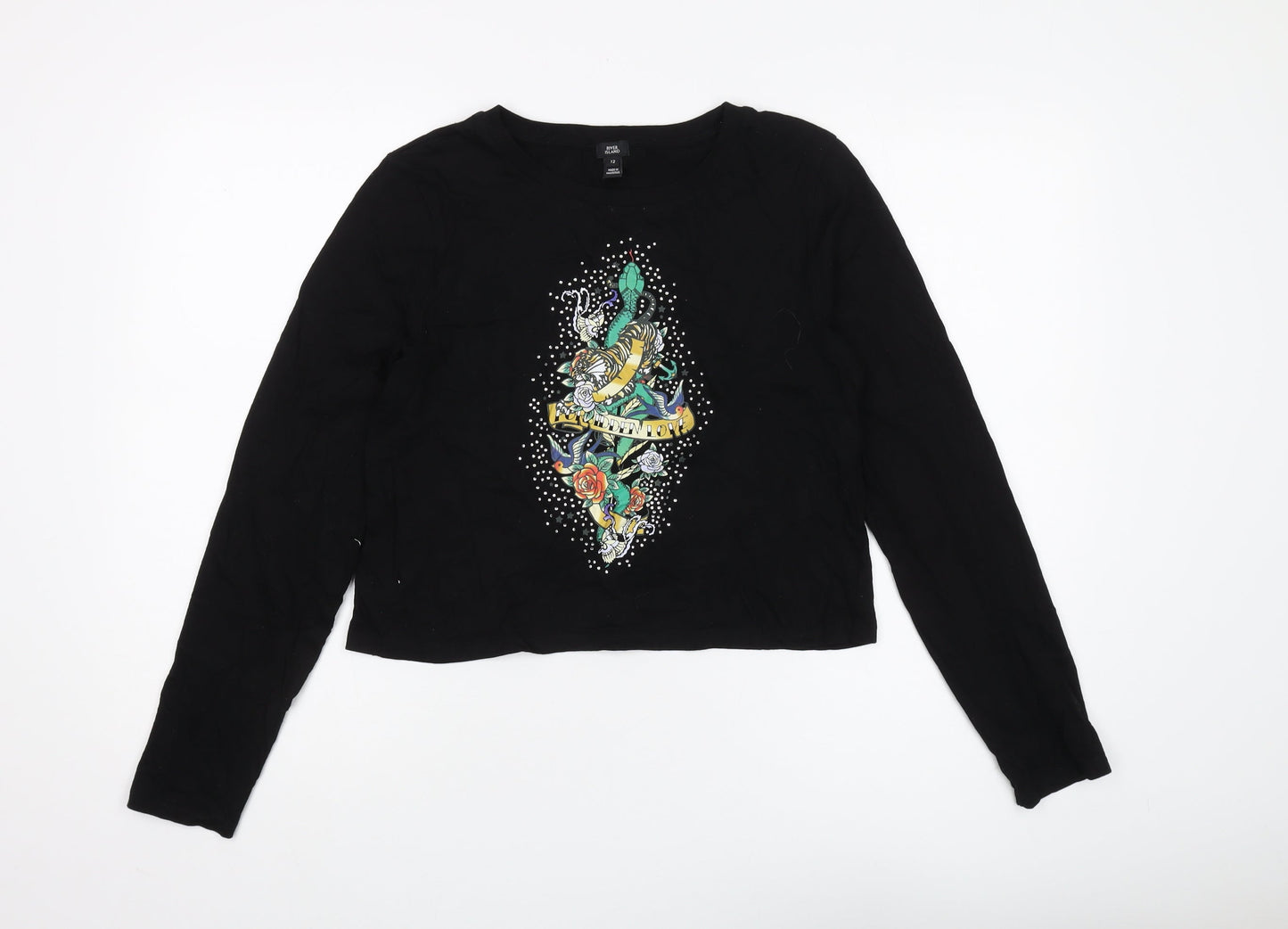 River Island Women's Black Cropped Tattoo T-Shirt