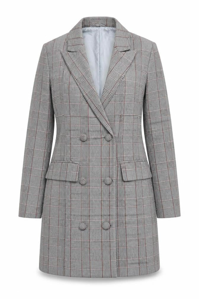 Front view of Missguided Women's Grey Plaid Suit Jacket, size 8