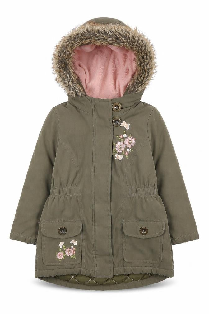 Front view of e-vie angel girls’ green parka coat 2 years hooded