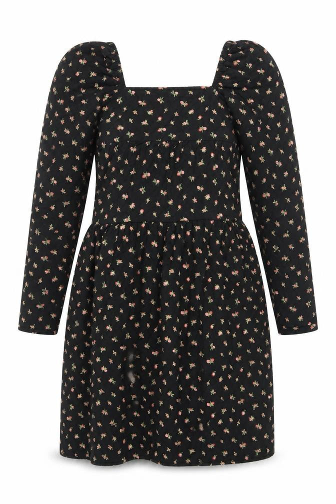 Front view of ASOS DESIGN Women's Black Floral A-Line Puff Sleeve Dress