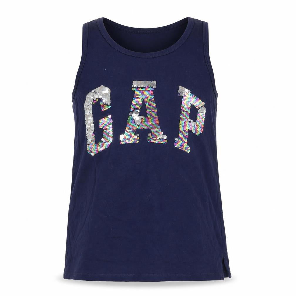 Front view of Gap girls’ blue sequin logo tank top, 12 years, cotton