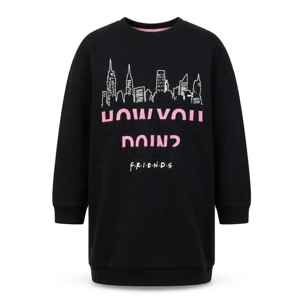 Front view of George girls’ black 'friends' tunic sweatshirt 5-6 years