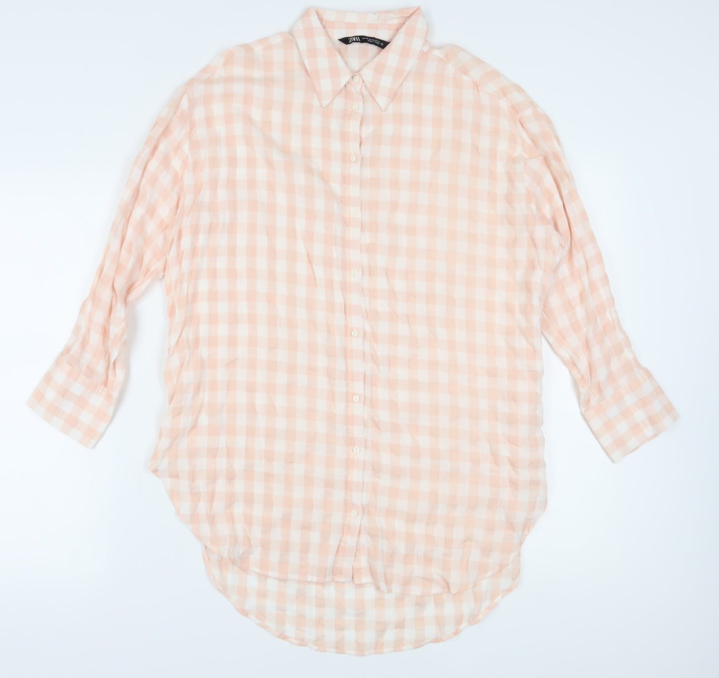 Zara Women's Pink Button-Up Shirt, Size 4, Check Pattern