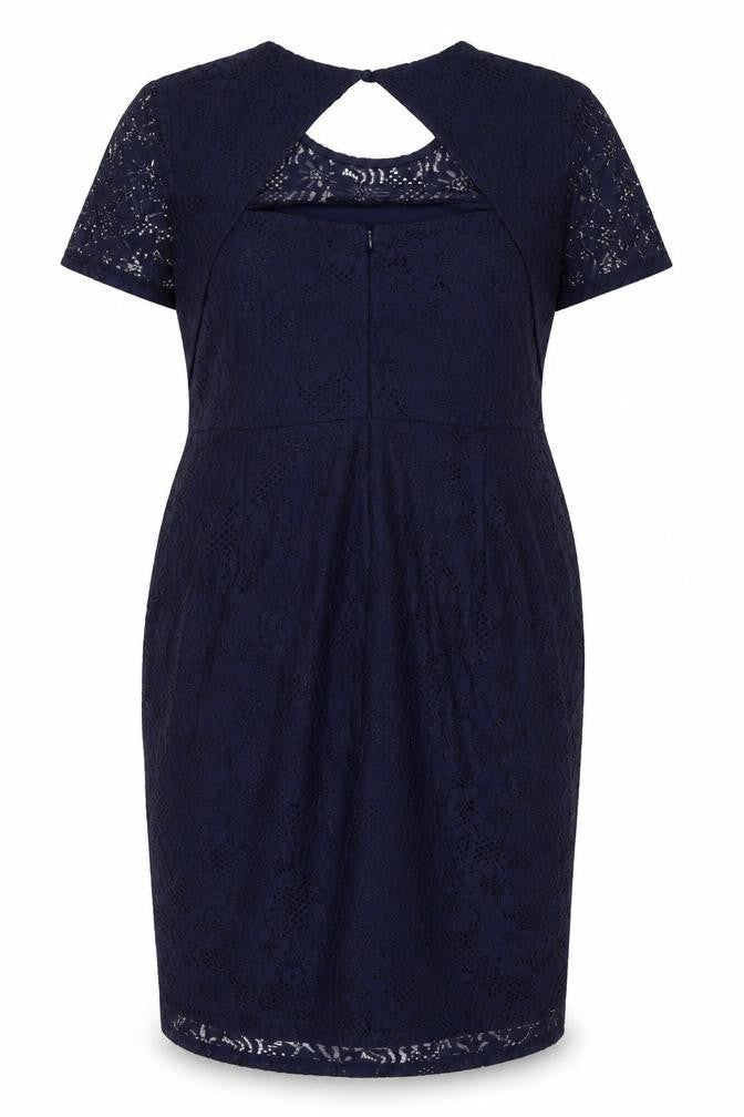Front view of Dorothy Perkins Blue Lace Sheath Dress, size 20