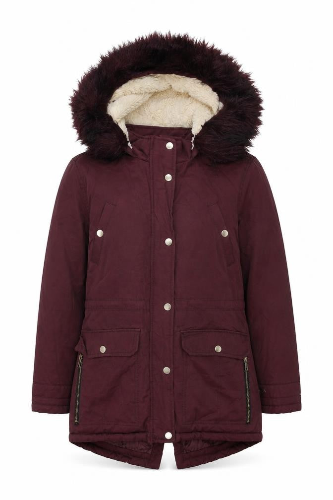 Front view of Candy Couture girls’ red hooded parka coat - 13 years