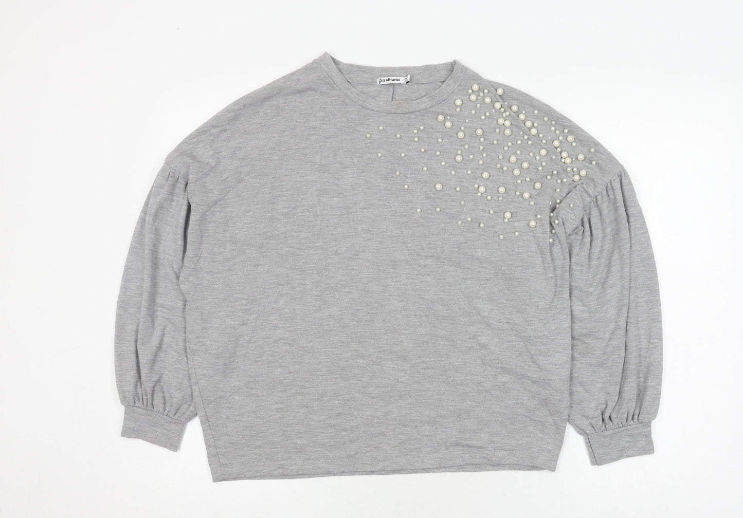 Stradivarius Women's Grey Beaded Crew Neck Pullover - Size 10