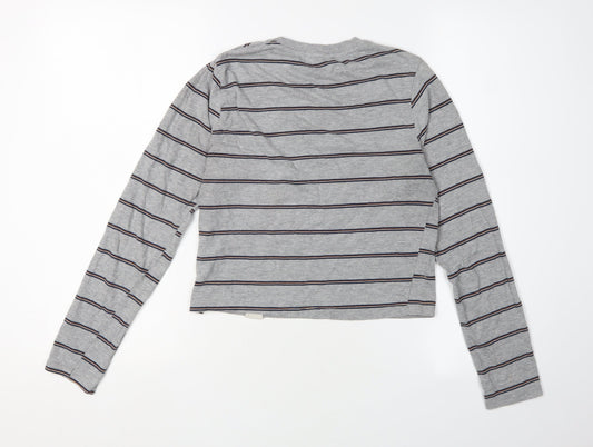 Pull&Bear Women's Grey Cropped Striped T-Shirt