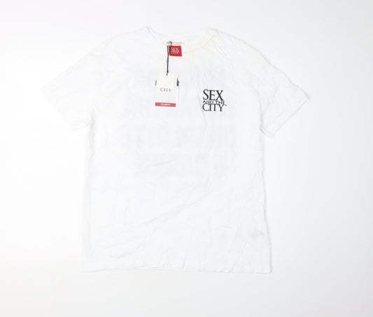 Pull & Bear White Women's T-Shirt, Size S, Short Sleeve