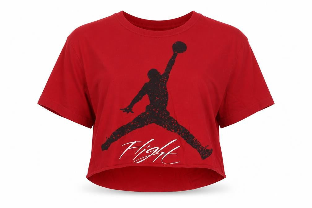 Front view of Jordan Flight Women's Red Cropped T-Shirt Crew Neck, size L