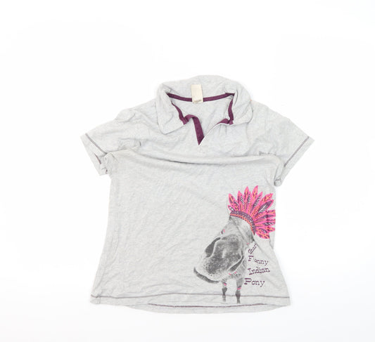 Decathlon Girls Grey Polo Shirt Graphic Print 14 Years