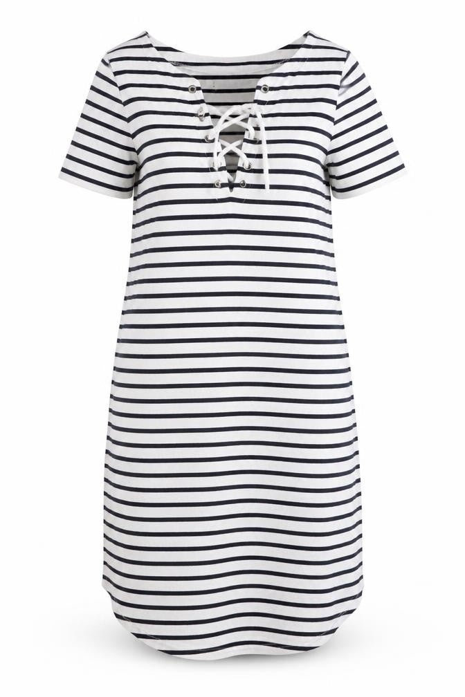 Front view of L.O.G.G. Women's White Striped XS T-Shirt Dress