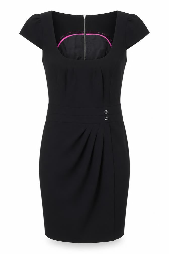 Front view of E-vie Women's Black Sheath Dress, size 12, Cap Sleeve
