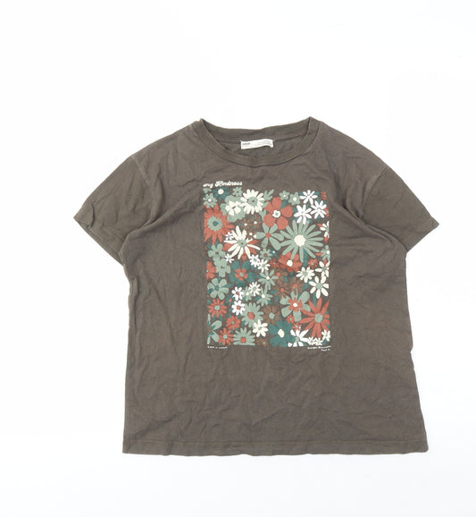 Pull&Bear Women's Brown Floral T-Shirt XS Retro Style