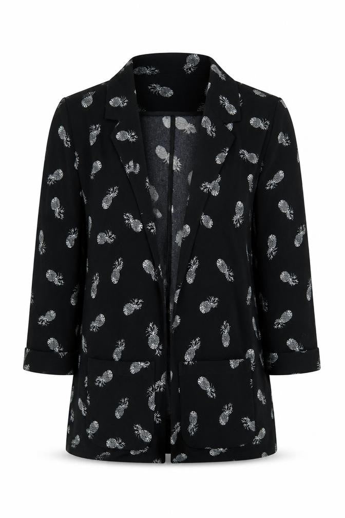 Front view of By Henry Holland Women's Black Blazer, size 12, Pineapple Print
