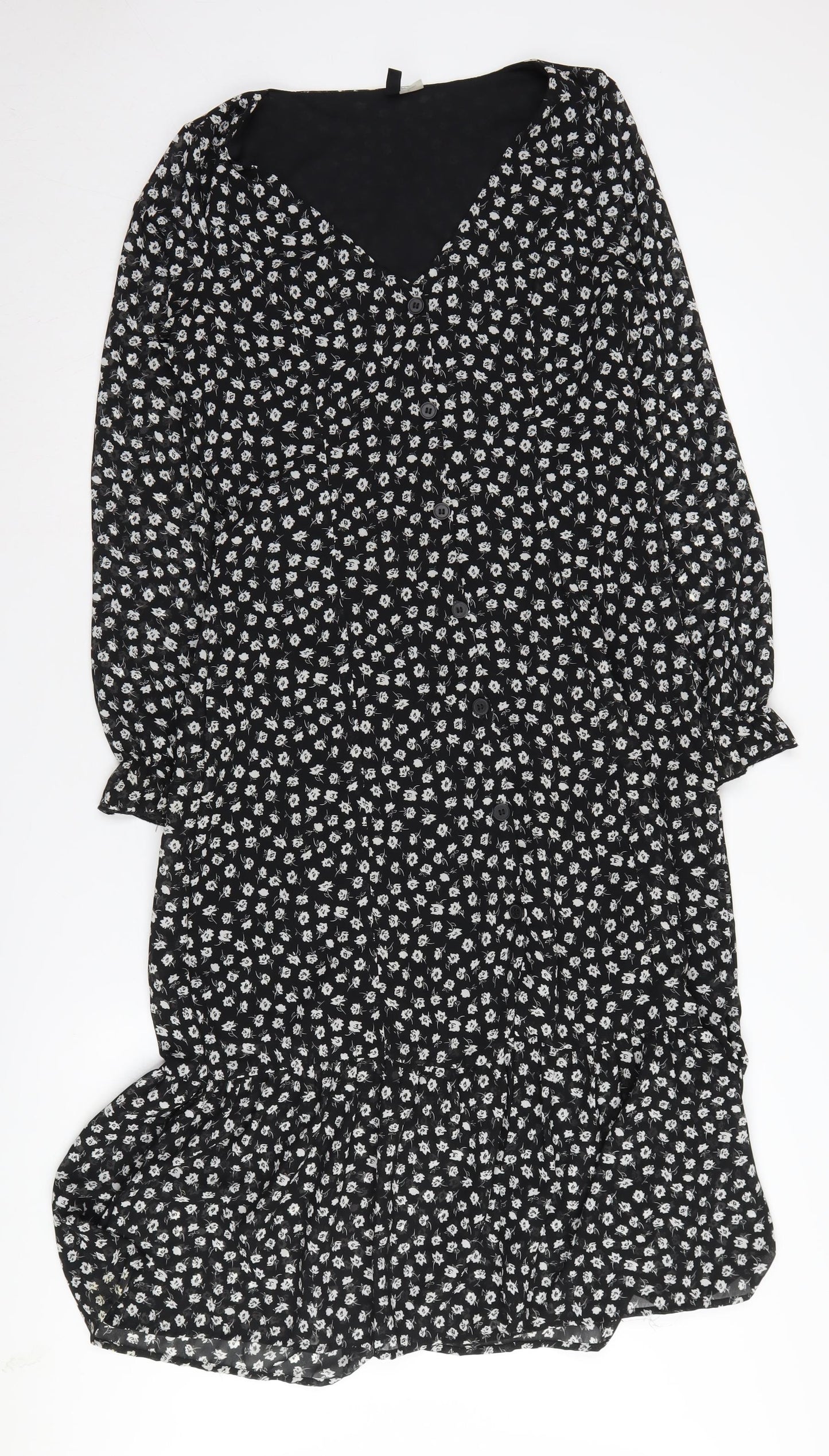 H&M Women's Black Floral Midi A-Line Dress Size 10