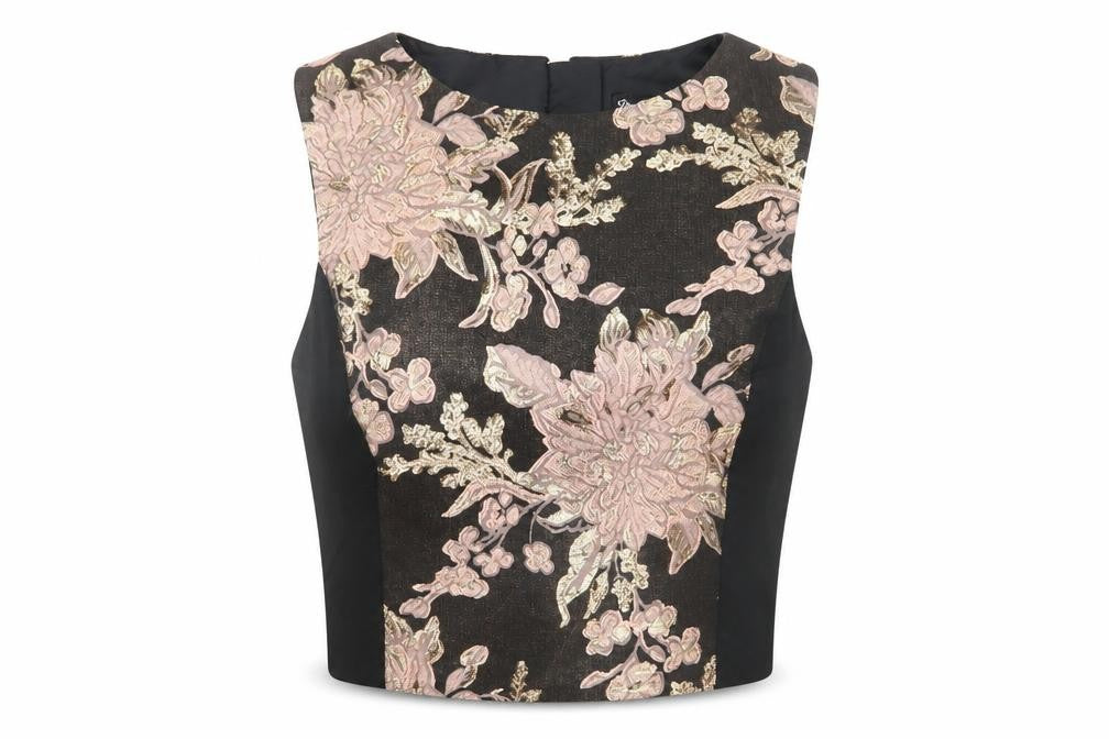 Front view of Miss Selfridge Black Floral Cropped Women's Blouse, size 10