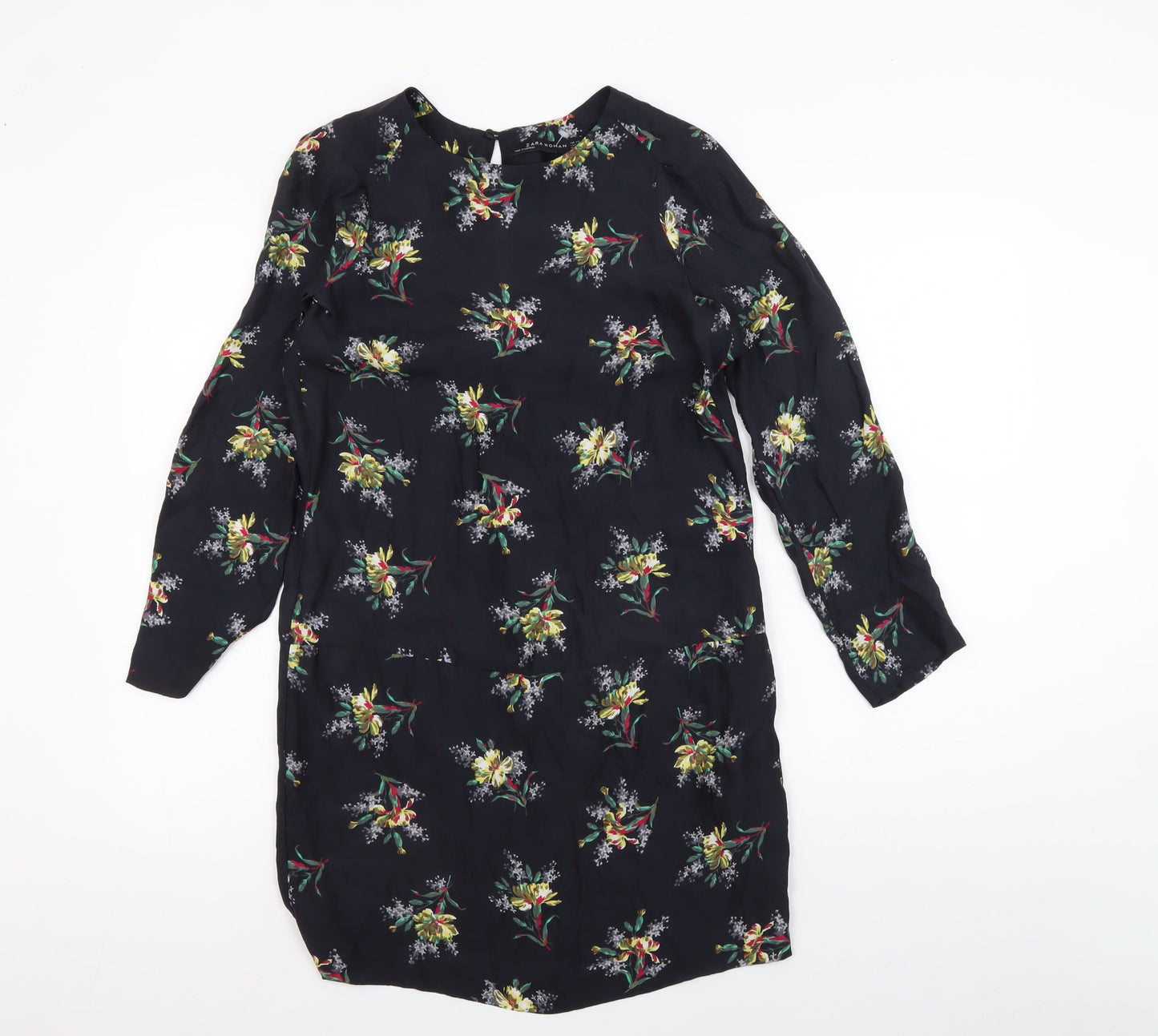 Zara Women's Black Floral Silk Shift Dress Size S