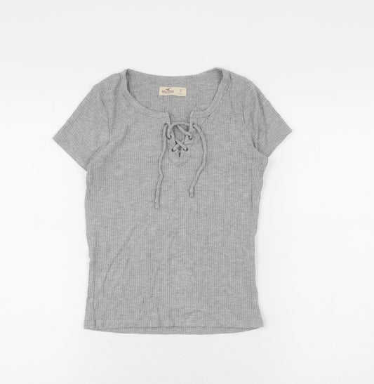 Hollister Women's Grey Lace-Up T-Shirt - Size S