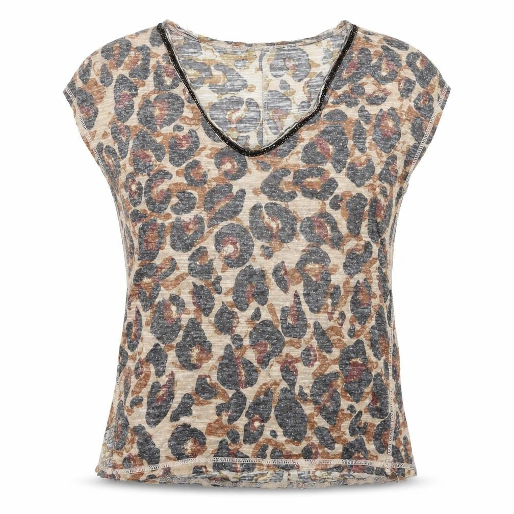 River Island Women's Beige Animal Print V-Neck T-Shirt