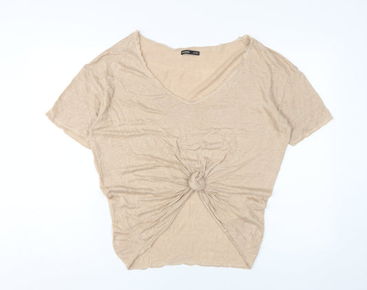 Pull&Bear Women's Beige Linen V-Neck T-Shirt L