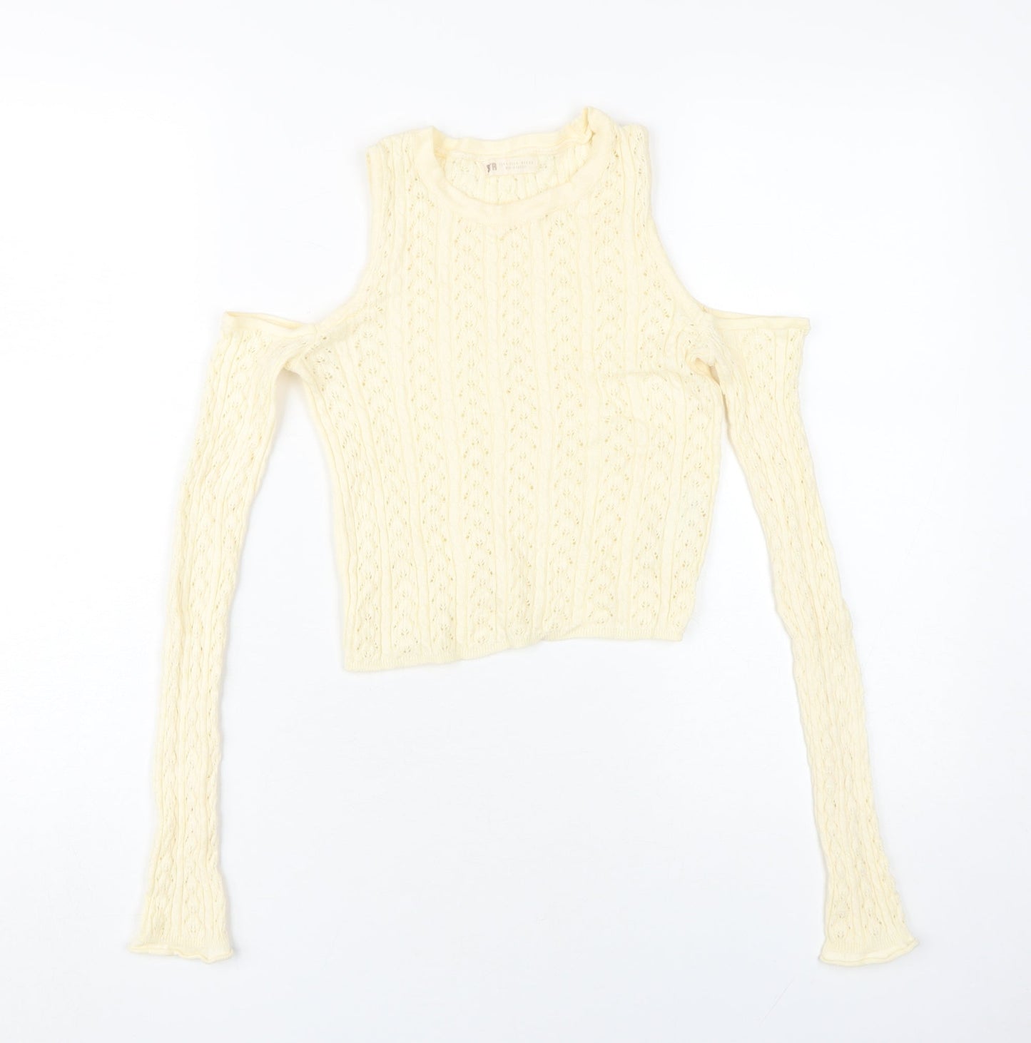 STR Women's Beige Cropped Cold Shoulder Knit Top
