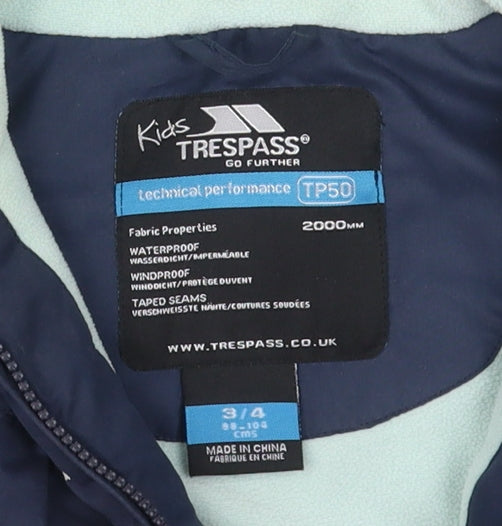 Trespass Girls Puffer Jacket Blue 3-4 Years Waterproof