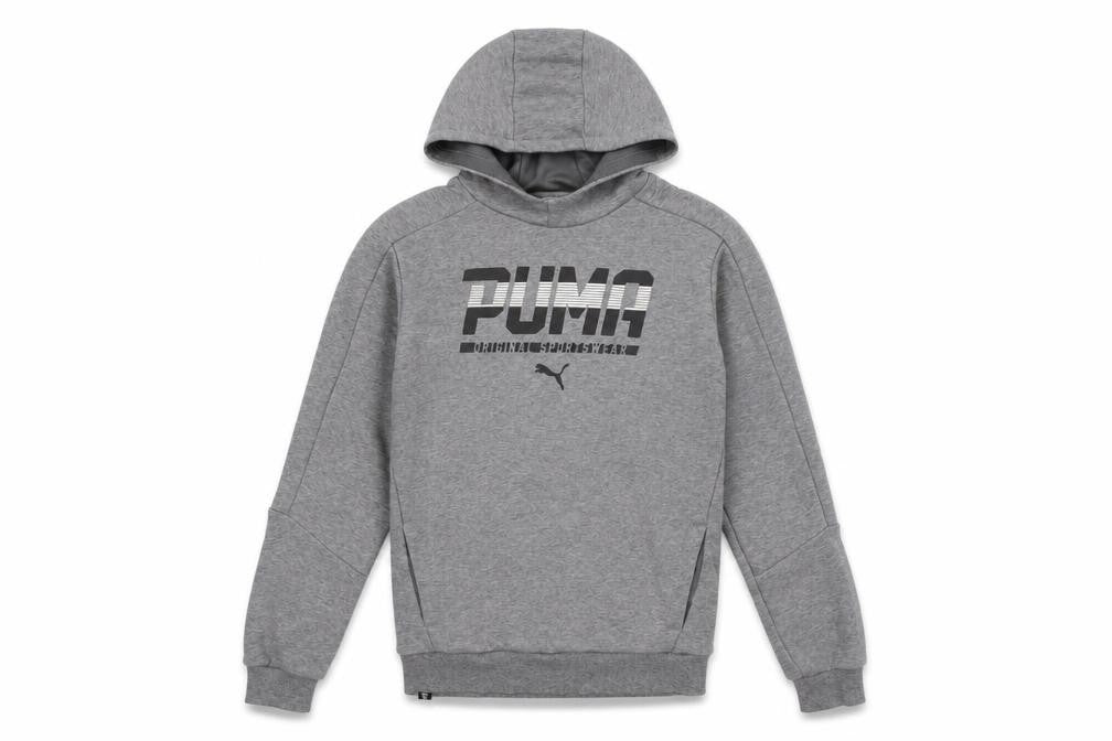 Front view of Puma boys’ grey pullover hoodie xl with logo accent