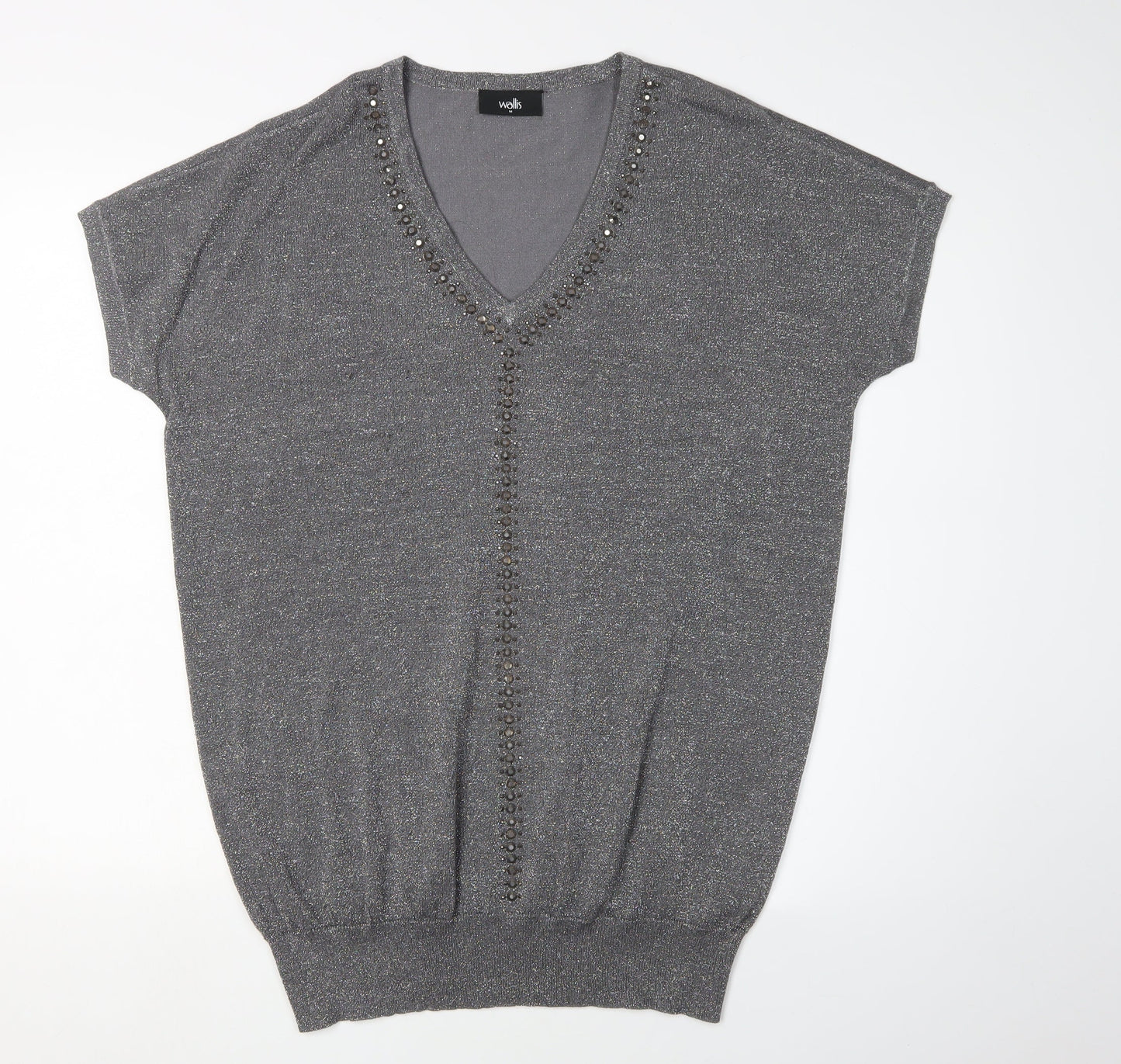 Wallis Women's Grey Beaded V-Neck Pullover Jumper M