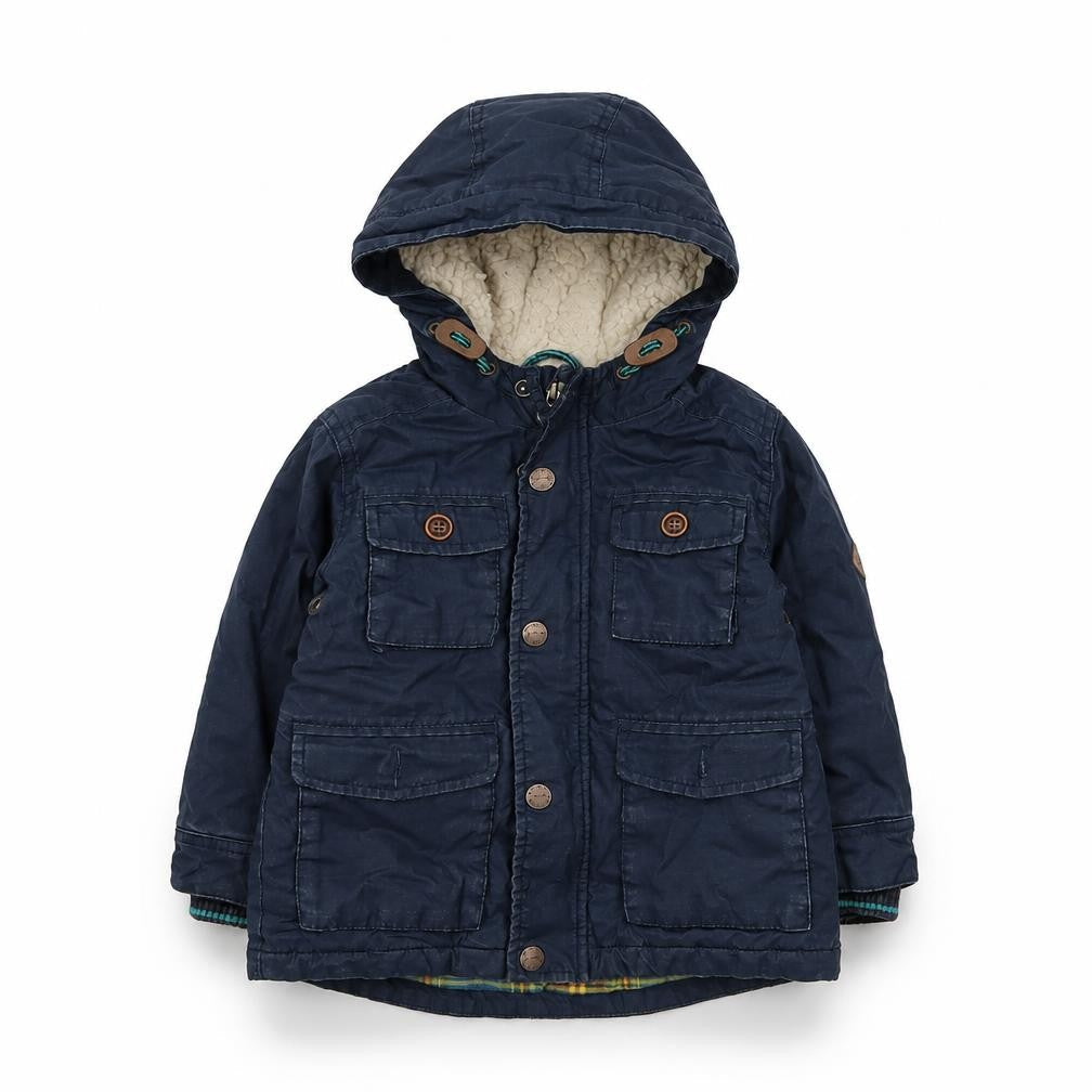 Front view of Next boys’ blue hooded parka coat 2 years