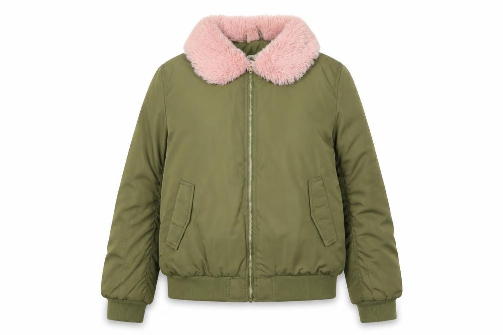 Front view of H&M girls’ green bomber jacket 13-14y with fur trim