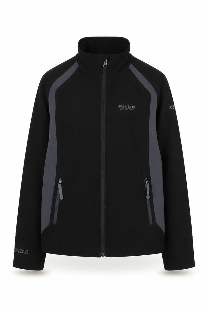 Front view of Regatta boys’ black soft shell jacket 11-12 years