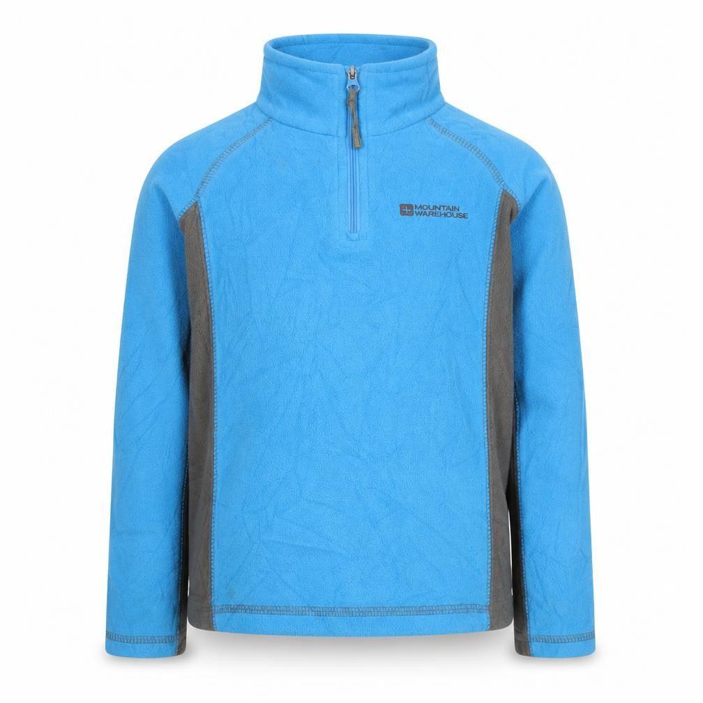 Front view of Mountain Warehouse boys’ blue sweatshirt 5-6 years, 1/4 zip fleece