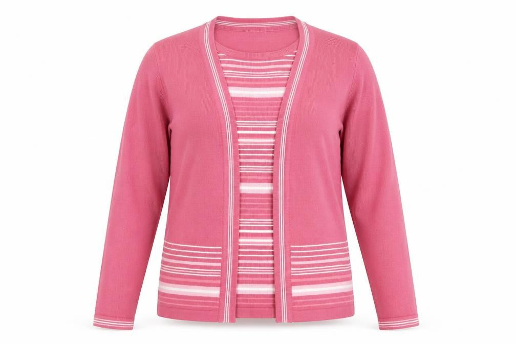 Front view of Honor Millburn Women's Pink Striped Cardigan M