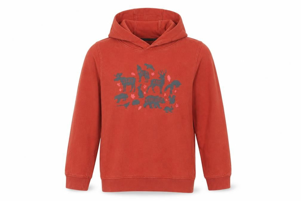 Front view of Mountain Warehouse boys’ red pullover hoodie, 13 years, graphic print