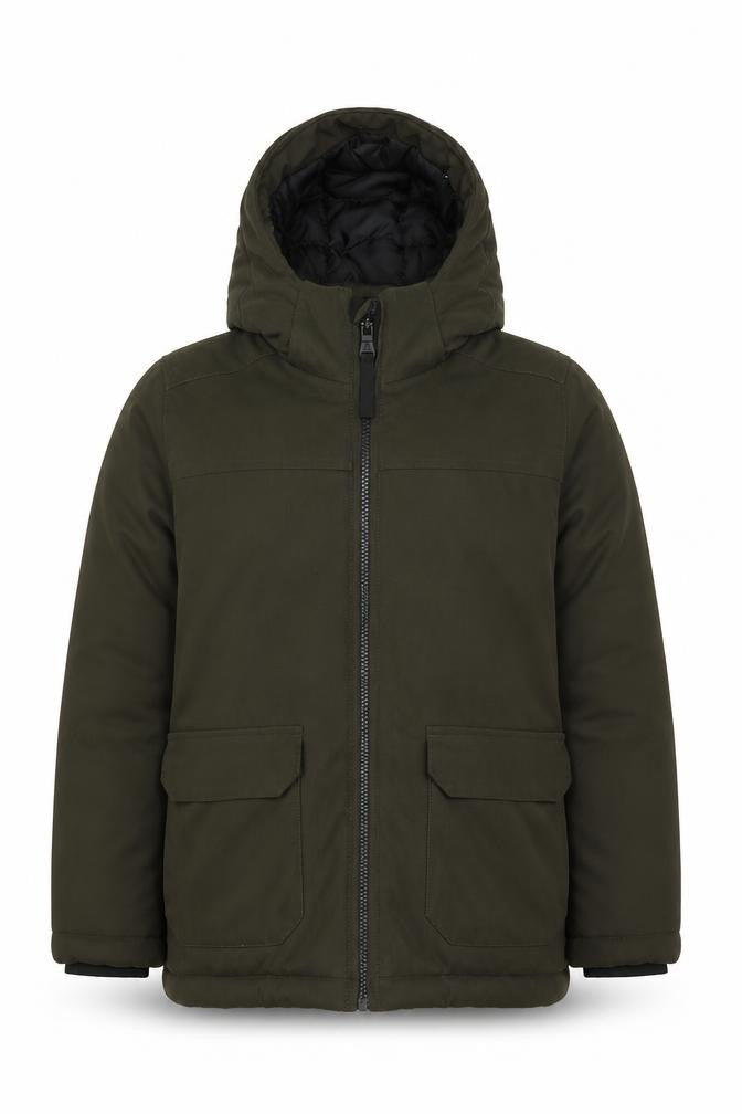 Front view of TOG24 boys’ green parka coat, 12 years, hooded winter jacket