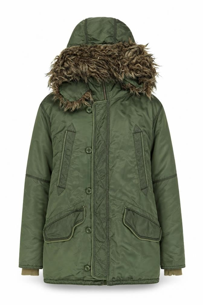 French Connection Green Women's Parka Jacket with Fur Trim, Size S