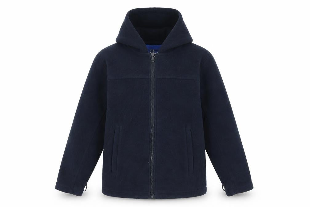 Front view of Peter Storm girls’ blue fleece jacket, hooded, size 7-8, years