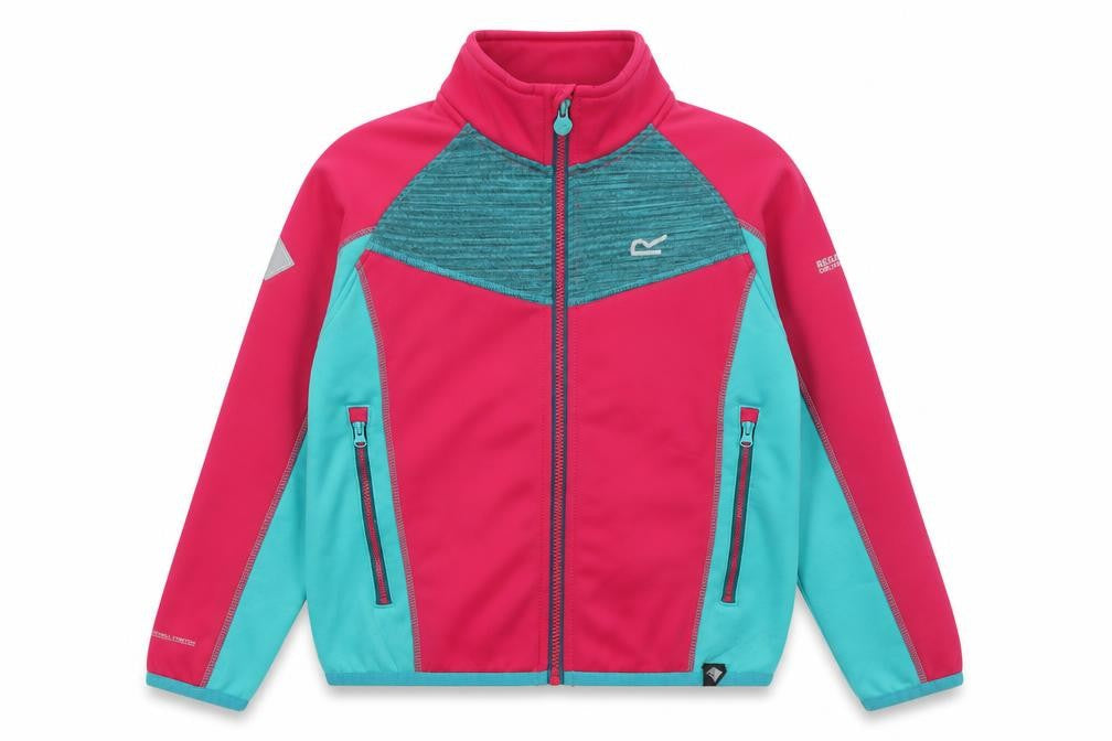 Front view of Regatta girls’ pink blue soft shell jacket 9-10 years