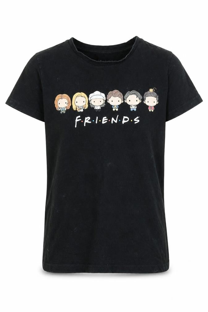 Front view of girls’ friends black graphic t-shirt, 11-12 years, casual style