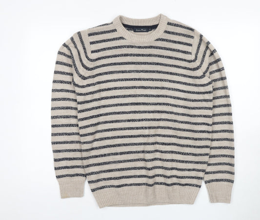 James Pringle Men's Beige & Black Striped Pullover Jumper Size S