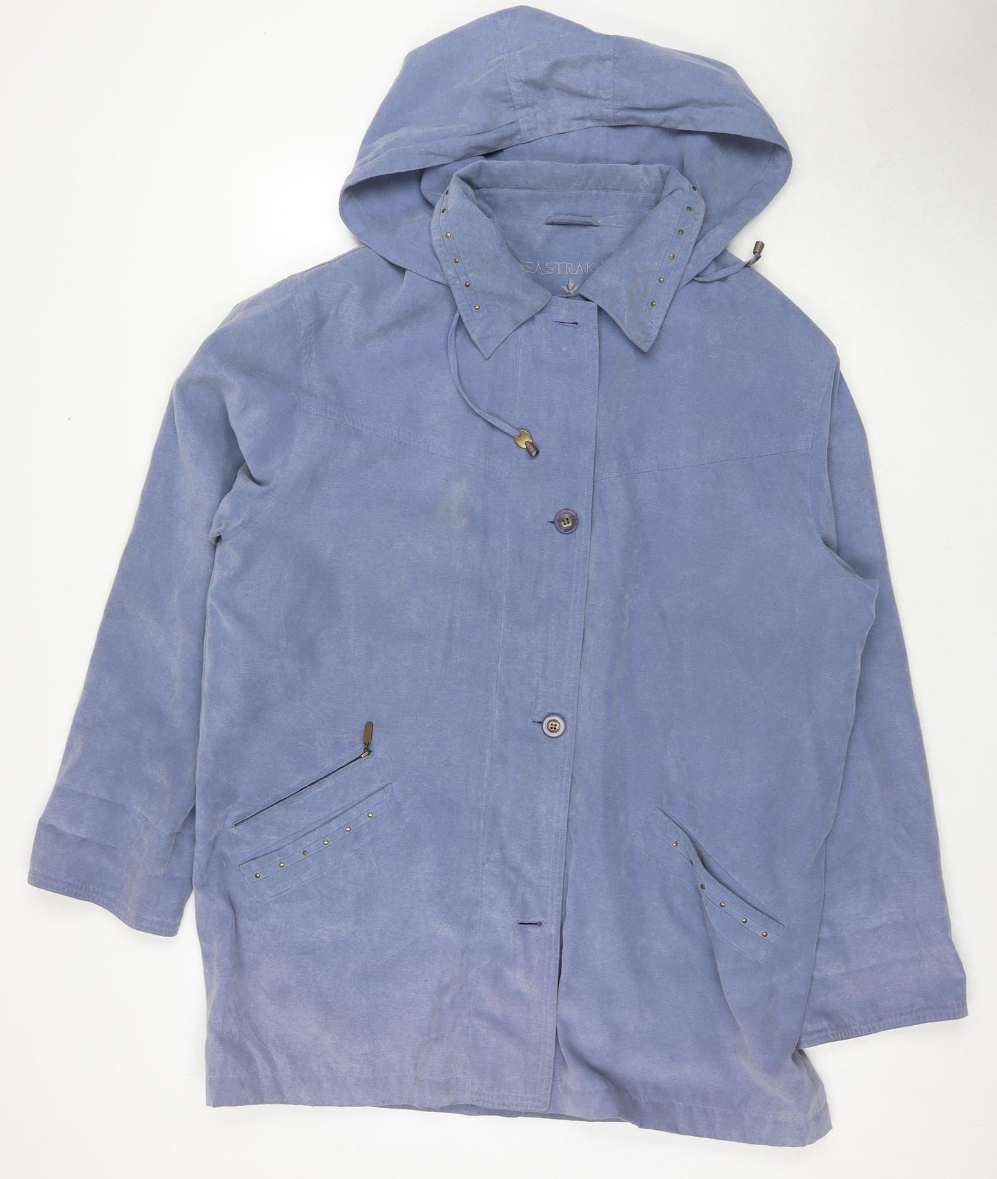 Astraka Women's Blue Rain Coat, L - Hooded, Logo, Button