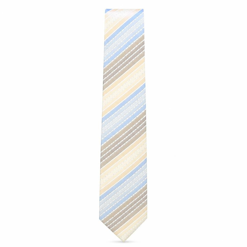 Front view of Thomas Nash Men's Silk Striped Tie in Beige and Blue