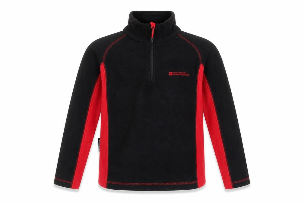 Front view of Mountain Warehouse boys’ black red fleece pullover sweatshirt 11-12