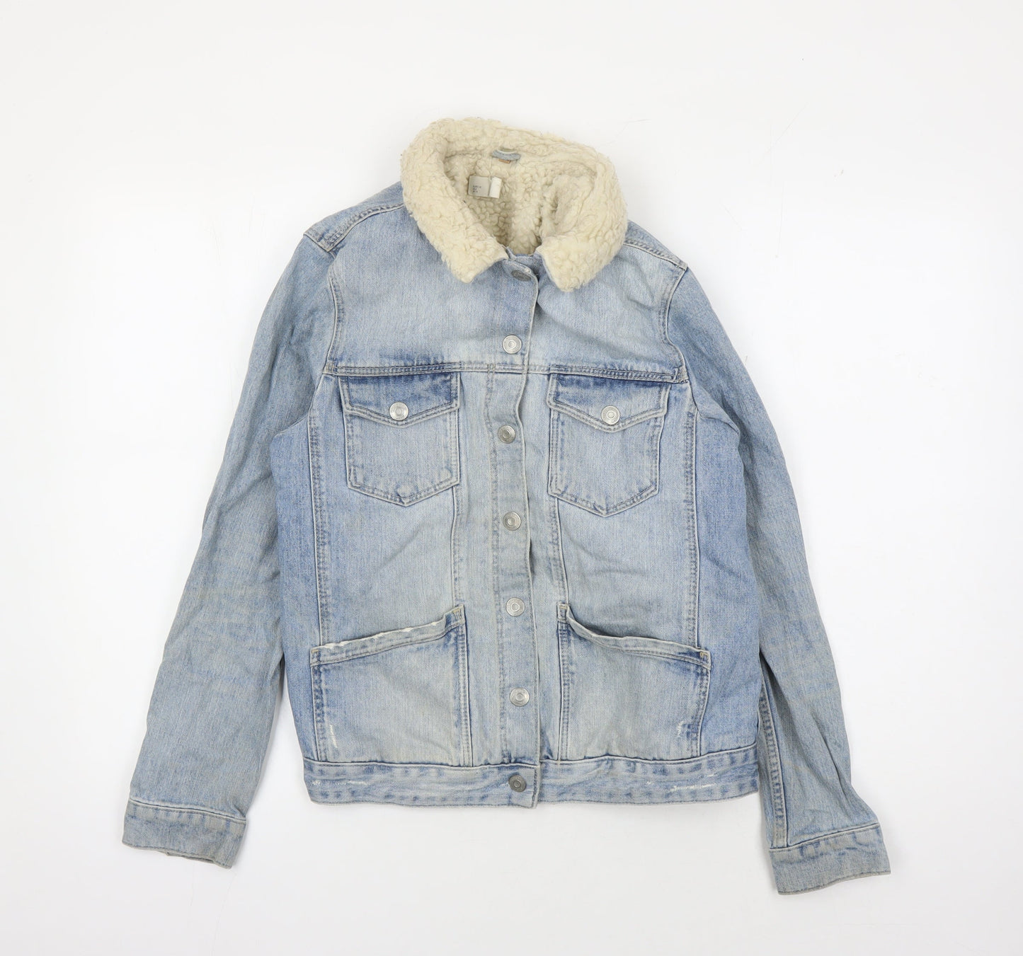 Topshop Women's Blue Denim Jacket Size 10 Faux Fur Lined