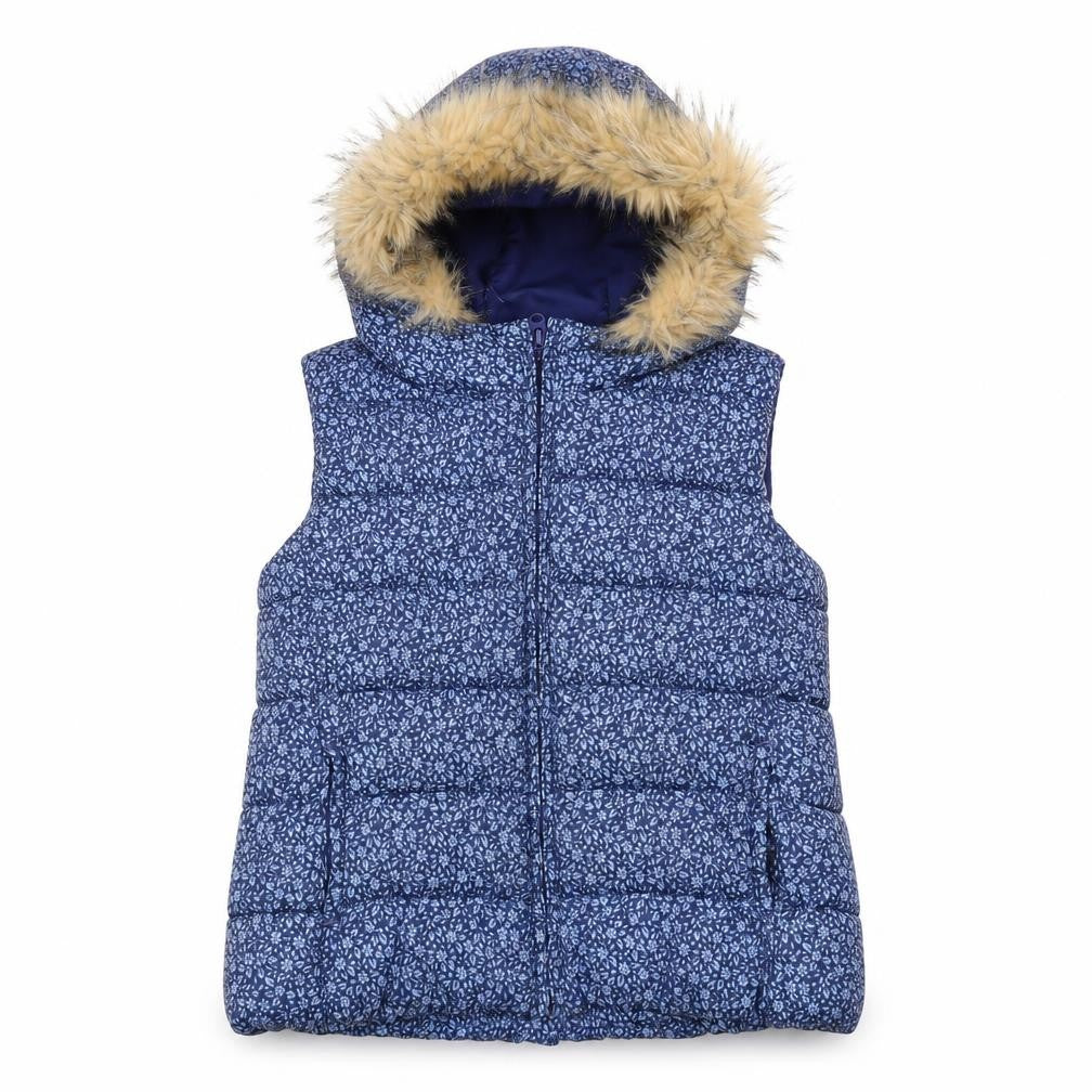 Front view of GapKids girls’ blue xxl puffer jacket with fur trim