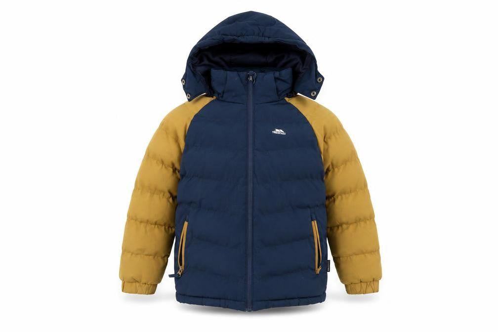Front view of Trespass boys’ blue puffer jacket hooded waterproof 5-6 years