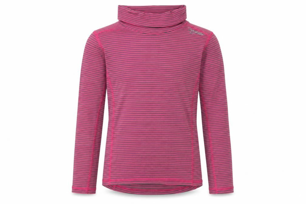 Front view of TOG24 girls’ pink grey striped t-shirt, 9-10 years, high neck, long sleeve